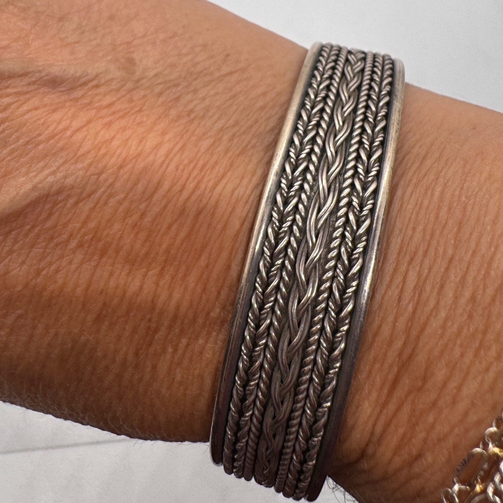 Vintage Sterling Silver 925 Braided Wheat Rope Oxidized Cuff Bracelet Unisex